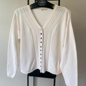 Vintage White Knit Cotton Cardigan: Lace Detail, Cocos Buttons, Size Medium