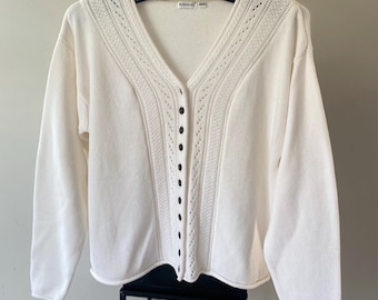 Vintage White Knit Cotton Cardigan: Lace Detail, Cocos Buttons, Size Medium