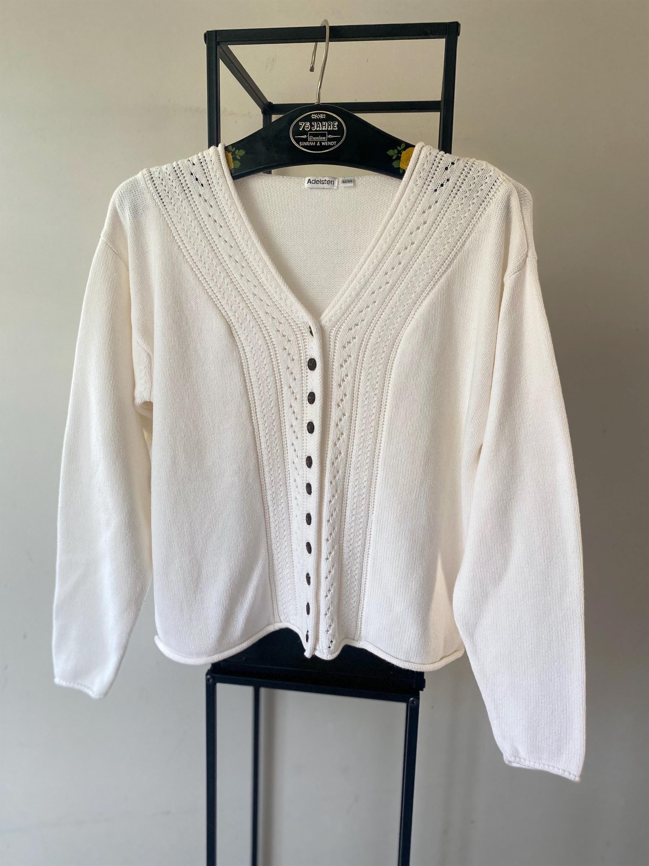 トップス Cotton Lace Knitted Cardigan Vintage White Knit Cotton Cardigan: Lace Detail, Cocos Buttons