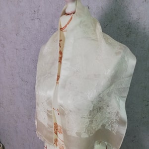 Antique White Shiny Satin Scarf Vintage Floral Wedding Scarf
