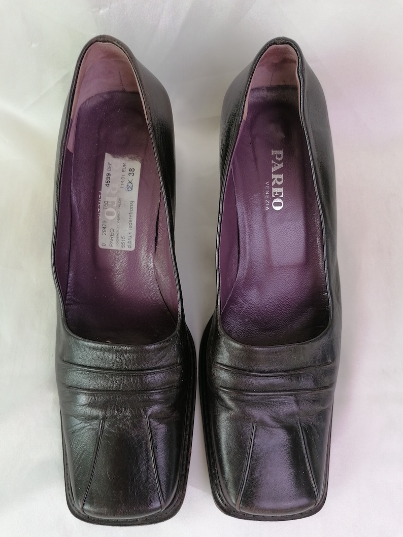 Vintage Square Toe Shoes / Genuine leather black women Chunky Etsy