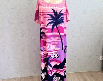 Vintage Frottee Maxi Kleid Palme Hawaiian Strand Soulder aus Langes Kleid Größe Mittel bis Groß Sommer Überzugskleid Vintage Kleidung