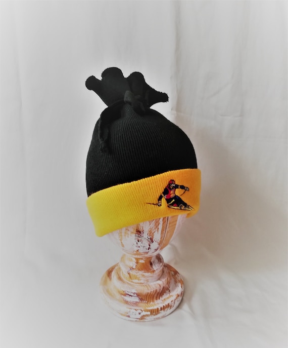 帽子 LIQUID SKY beanie vintage Vintage 80s Embroidered Ski Hat: Black & Yellow Knit Winter Beanie