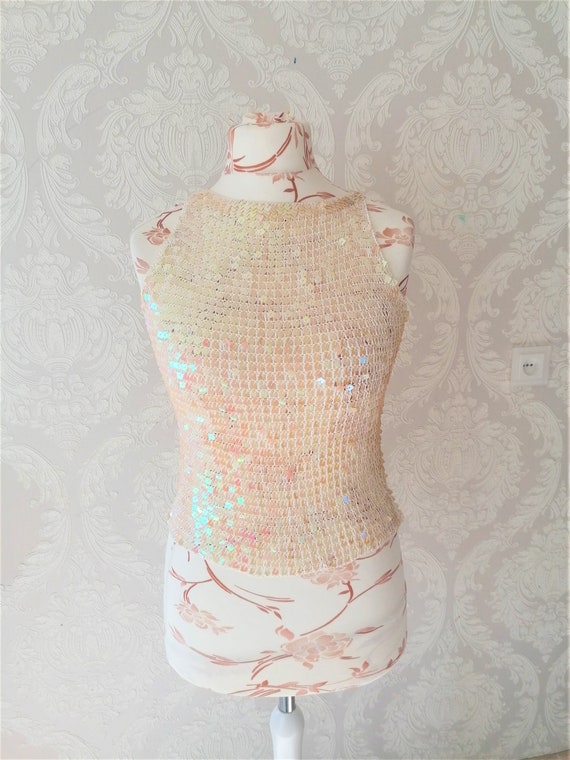 Vintage Champagne Sparkly Sequin Crop Tank Top /