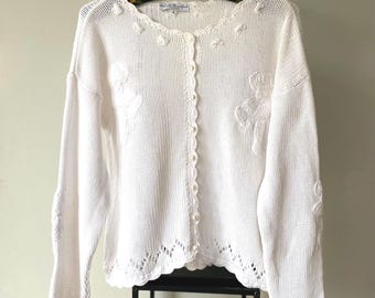 Vintage Embroidered Knit Cardigan: 90s Boho Cotton Sweater, Size Small