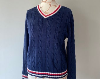 Vintage azul oscuro cable punto cricket V cuello suéter hombres tamaño medio atlético deporte algodón jersey suéter vintage ropa hombres