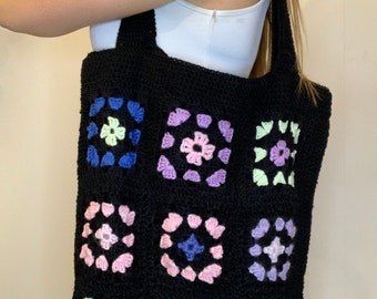 Bolso de mano cuadrado de abuela de crochet hecho a mano: estilo bohemio hippie
