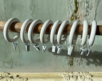 Vintage White Plastic Curtain Rings 9 Curtain Rod Rings with Metal Clips Swedish Rustic Interior Old Farmhouse Decor