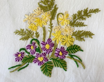 Vintage Embroidered Floral Linen Tablecloth: Cottage Farmhouse Decor (35.5&quot; Round)
