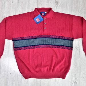Vintage 90s Red Gray Strip Polo Sweater Men Knit Polo Pullower Collared Owersize Sweater Size Medium Vintage Clothing men