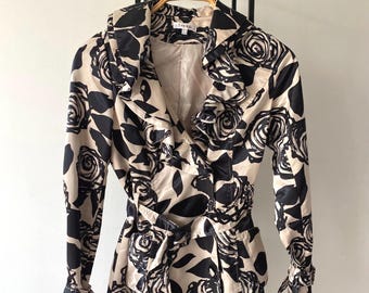 Vintage Floral Trench Coat: Y2k Ruffle Collar Silky Overcoat, Size Small