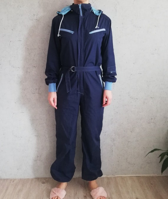 Vintage One Piece Ski Suit Men Spring Dark Blue Full Overall Hooded Jumpsuit Size Medium Vintage Clothing Men Etsy UK