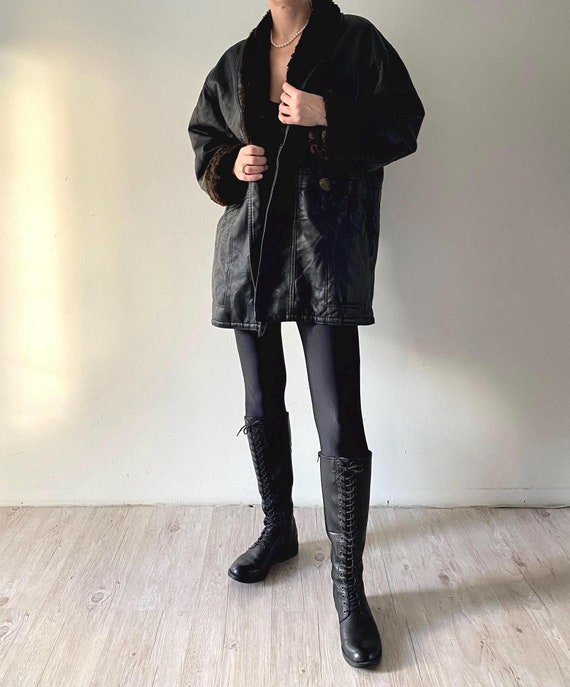 Vintage Schwarz Kunstleder Shearling Mantel Männer Kunstpelz
