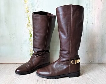 Vintage Brown Genuine Leather Flat High Boots Women Riding Pull-On Boots Made in Finland Size EUR 37 / UK 4 / US 6 Vintage Clothing Women