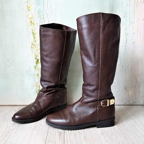 Vintage Brown Genuine Leather Flat High Boots Women Riding Pull-On Boots Made in Finland Size EUR 37 / UK 4 / US 6 Vintage Clothing Women