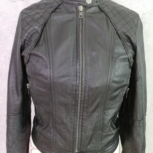 Vintage 90s Black Leather Biker Jacket Women Black Leather Quilted Shoulde Crop Jacket Zip Up BJacket Size Small Vintage Clothing Women image 5