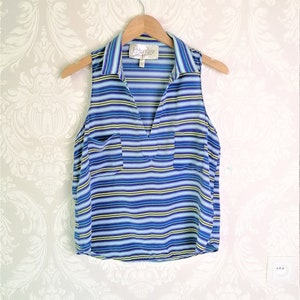 Vintage Striped Silk Tank Top: Blue & White Sleeveless Blouse, Size Medium