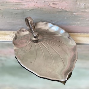 Puede incluir: Una bandeja de servir de plata en forma de hoja con un asa. La bandeja tiene una superficie texturizada que se asemeja a una hoja.