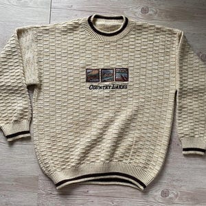 Vintage 90s Embroidered Knit Sweater: Oversized Taupe Crewneck, Size Large