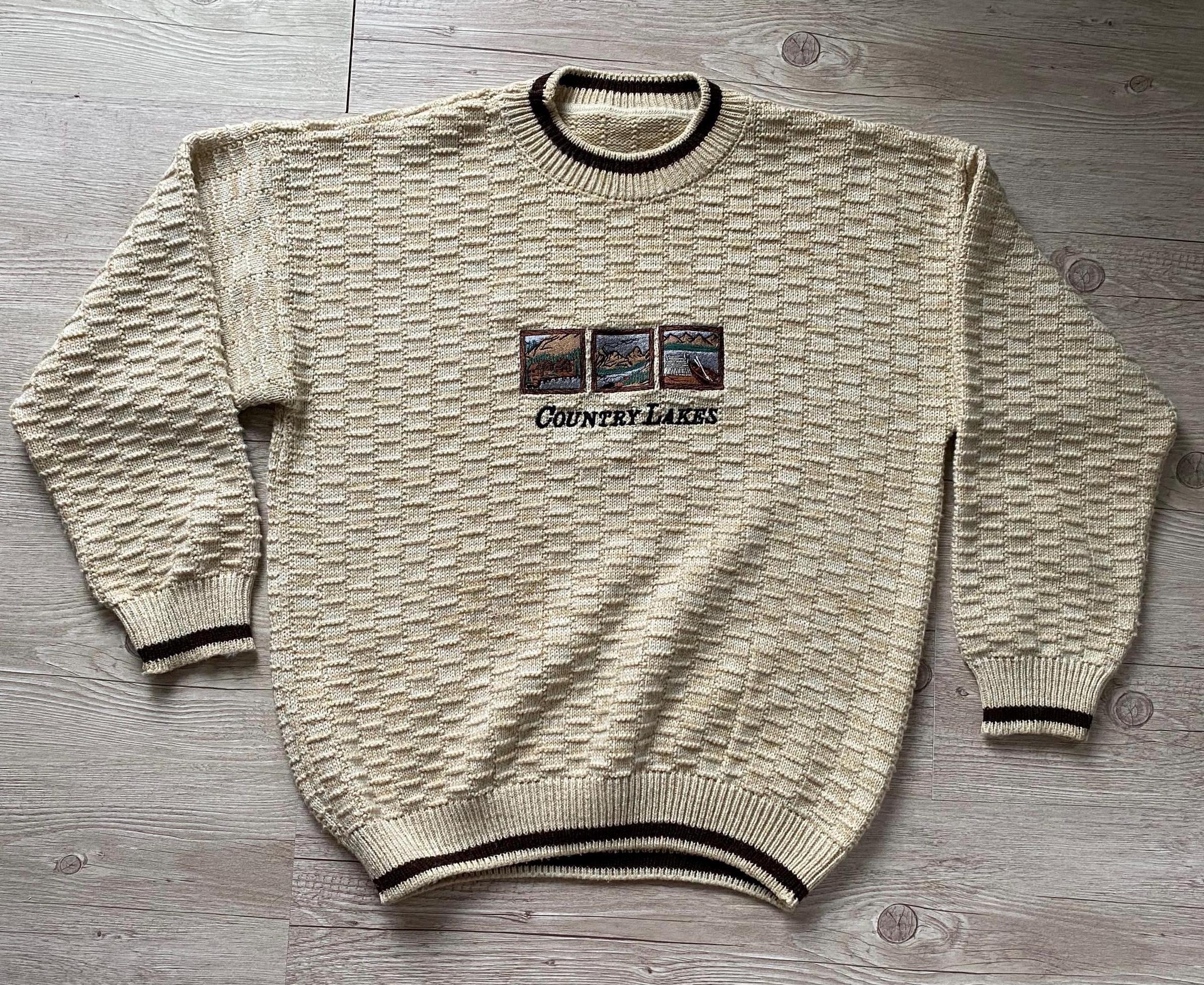 Vintage 90s Embroidered Knit Sweater: Oversized Taupe