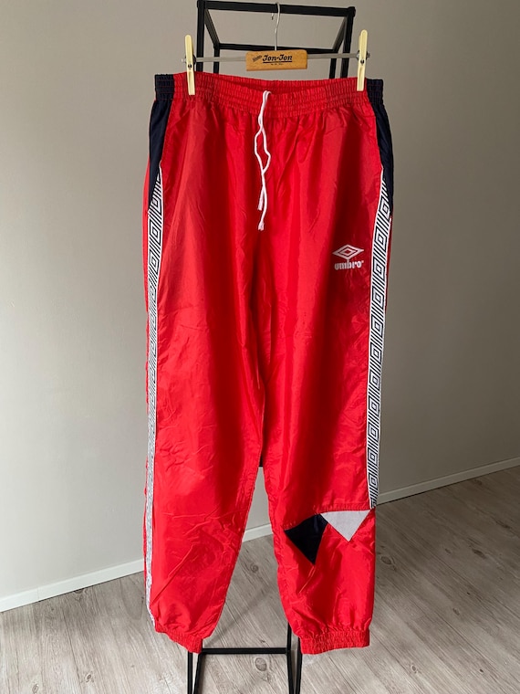 Umbro, Vintage 90s Umbro Red Track Pants with Taped Sides - Size L | Retro Windbreaker Joggers