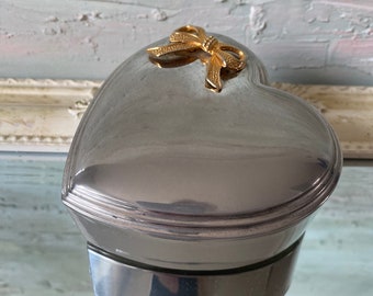 Vintage Silver Plated Jewelry Box Heart Shaped Trinket Box With Gold Tone Ribbon