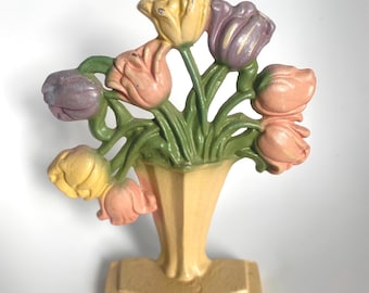 Vintage Cast Iron Door Stop Tulip Bouquet Rustic Country Cottage Decor Cast Iron Stop Pastel Floral Flowers Heavy Doorstops