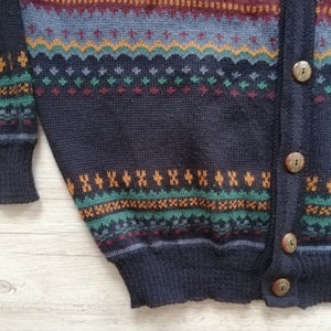 May include: A dark blue knitted cardigan with a colorful geometric pattern. The cardigan has a button closure and long sleeves.