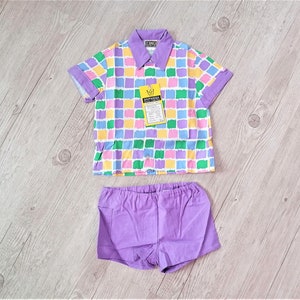 Vintage 80s Chechered Cotton Shirt Shorts Set Kids Boys Multicolors Summer Set Short Sleev Shirt Shorts Size 1-2 years Vintage Clothing Kids