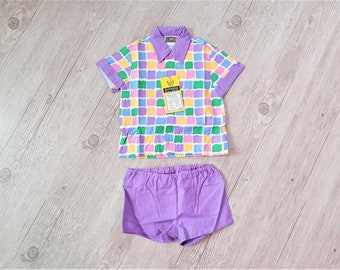 Vintage 80s Kids Cotton Shirt Shorts Set: Checkered Summer Outfit (Size 1-2 Years)
