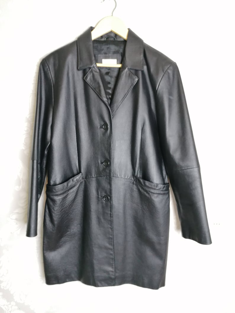 Vintage Leather Trench Coat Women Black Buttoned Leather Jacket Midi Length Fitted Coat Size M Medium Vintage clothing