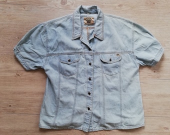 Vintage 80s Light Blue Denim Shirt: Women's Medium, Balloon Sleeve