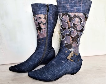 Vintage Denim Patchwork Ankle Boots: Y2K Boho Chic (EU 37 / UK 4 / US 6)