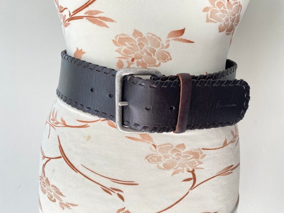 Vintage Dark Brown Leather Belt: Silver Buckle Wide Boho 
