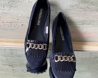 Navy Suede Ballerinas: Chain Trim Leather Loafers, Size EU 38