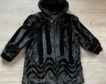 Vintage Faux Mink Fur Coat: Dark Brown Hooded Evening Jacket, Oversize Medium