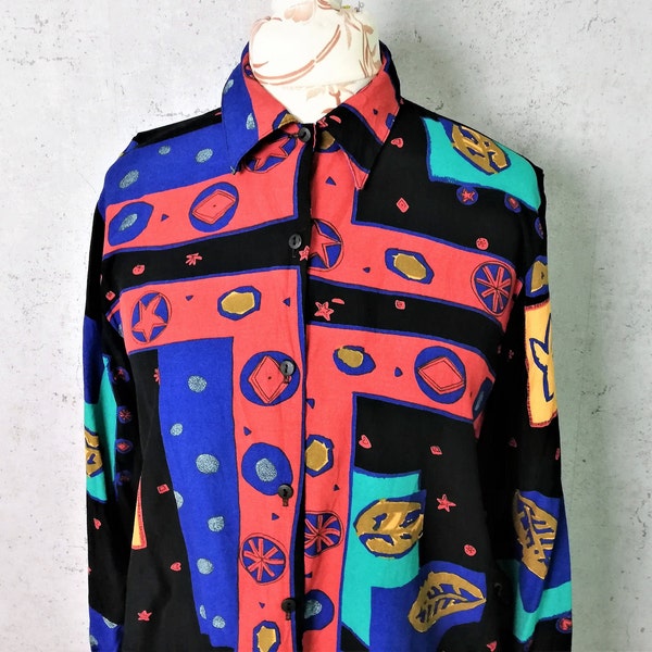 Colorful Retro Patchwork Print Blouse Womans Button Down Leaf Abstract Print Blouse Oversized Size Small Medium Vintage clothing Women *