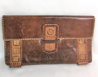 Vintage 60s Brown Vintage Wrist/Clutch Bag With Beautiful Tooled Front Leather Envelope Clutch Handmade Braided Edges Genuine Leather clutch