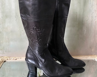Botas vaqueras vintage de cuero negro: tacón cubano occidental, talla 9 de EE. UU.