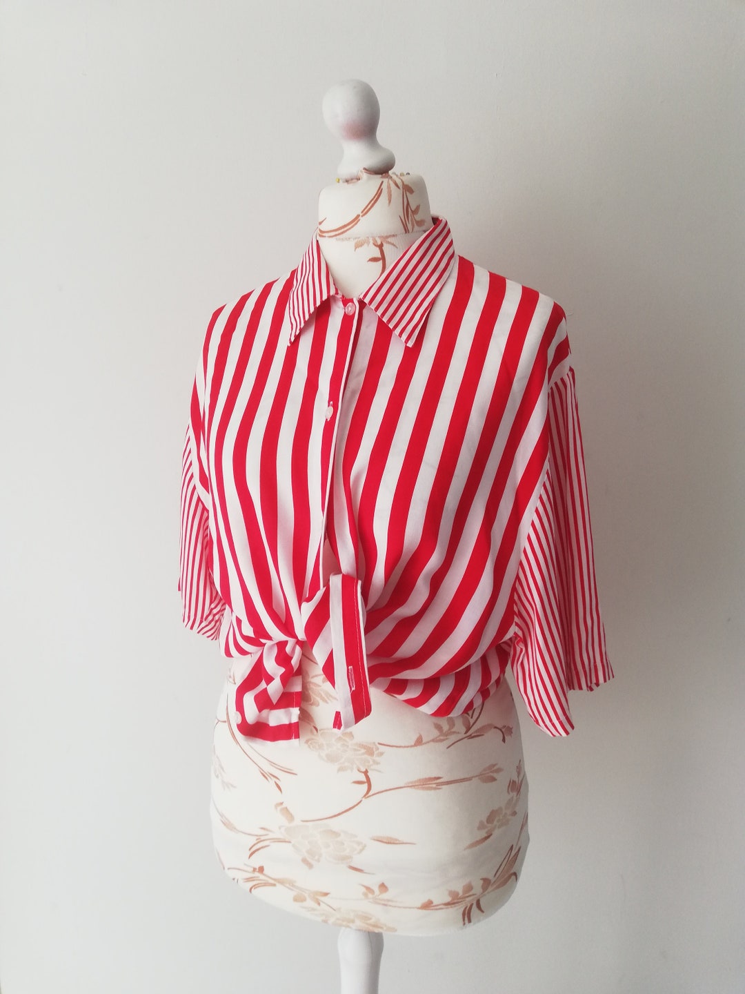 Vintage White Red Strip Shirt Blouse Women Striped Button Vintage White Red Strip Shirt Blouse Women Striped Button