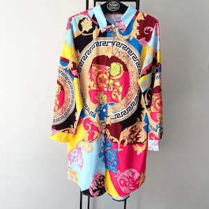 Vintage Baroque print Blouse Y2K Bright Colourful Polyester Long Shirt Summer Blazer / Size XXL / Vintage clothing