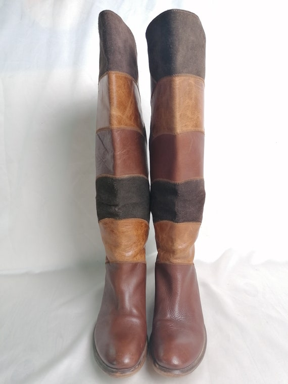 Vintage Brown Patchwork Knee High Boots Rider Boo… - image 2