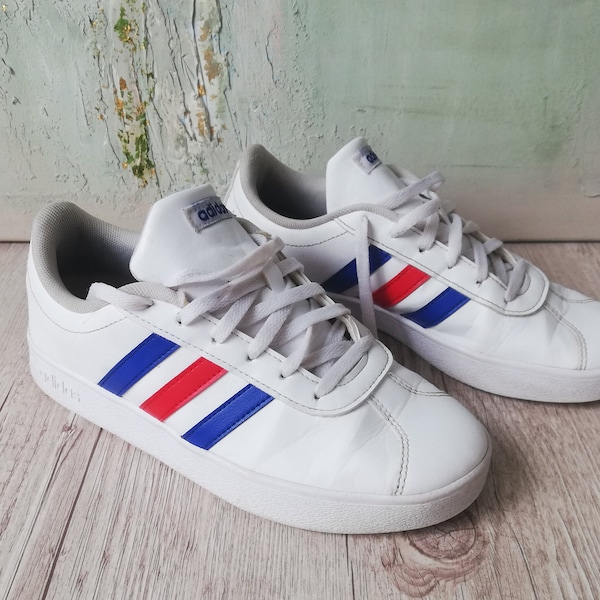 Vintage Adidas Sneakers Size US 3.5 UK 3 EU 35.5 Vintage 90's White Red Blue Striped 3 strip Low Sneakers athletic tennis shoes