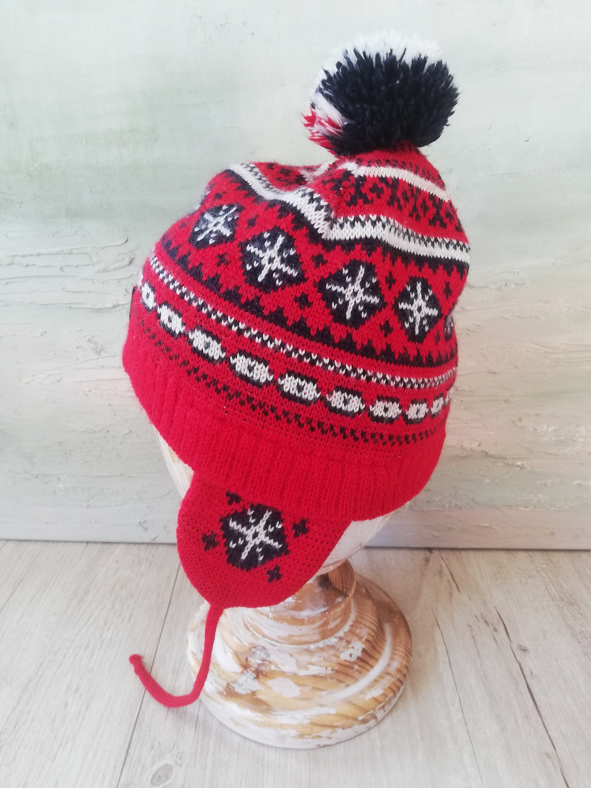 Vintage Nordic Knit Beanie: Red Fair Isle Winter Hat With 