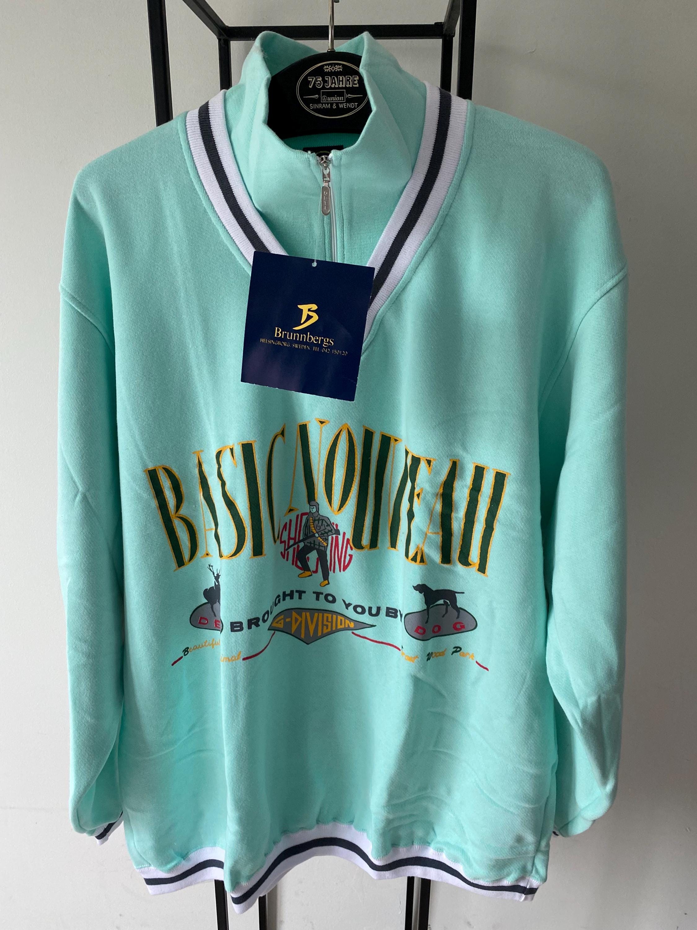 Vintage Oversized Half Zip Sweatshirt: Light Green Cotton, Men's