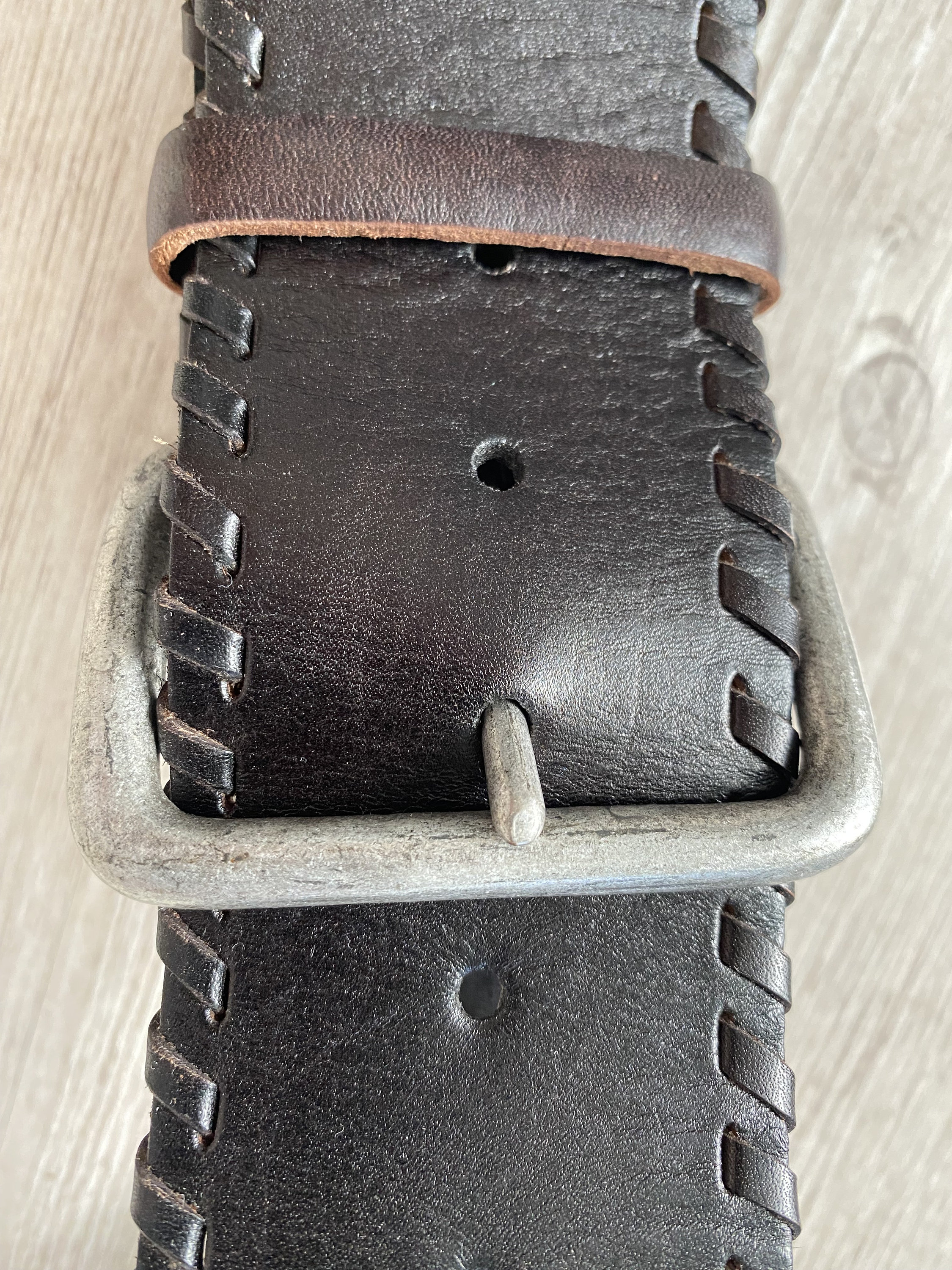 Vintage 70s Dark Brown Leather Belt Silver Tone Buckle vintage brown leather woven linked circle belt 70s – hong  main image 2