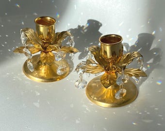 Gold Tone Flower Candlestick Holders Crystal Prisms Set of 2 Hollywood Regency Style Taper Holders