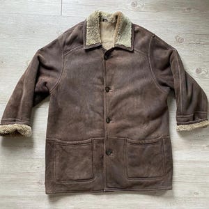 Vintage en daim et peau de mouton veste manteau homme des années 90 minable en cuir véritable hiver chaud en peau de mouton retourné veste manteau taille grande - XL vêtements vintage hommes