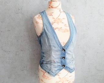 Gilet in denim blu vintage: gilet in jeans senza maniche da donna, taglia Large