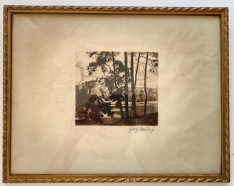 Antique Swedish Etching: Signed Forest Landscape